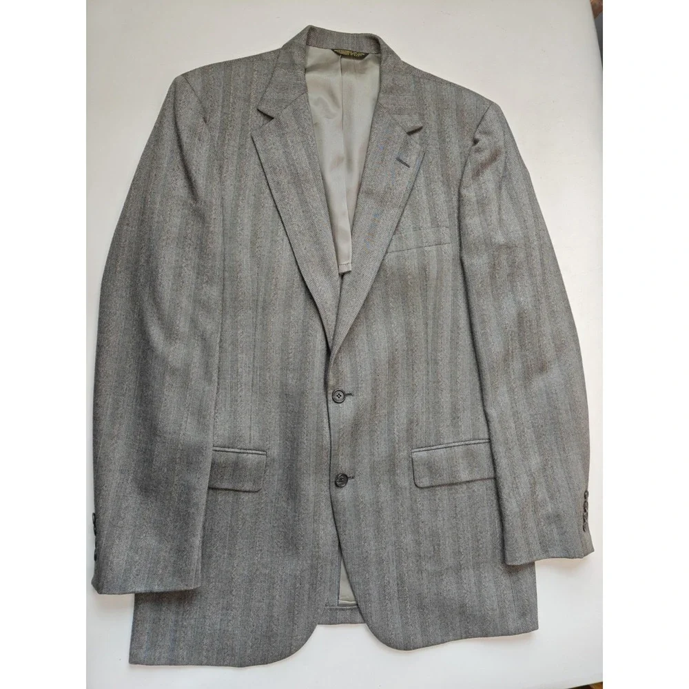 Baskin Mens Wool Sports Coat 40L Gray Herringbone Vintage 2 Button USA F505